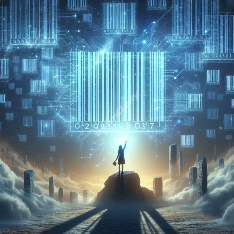 Ethereal barcode symbols floating in dreamy night sky above contemplative figure, representing modern dream interpretation.