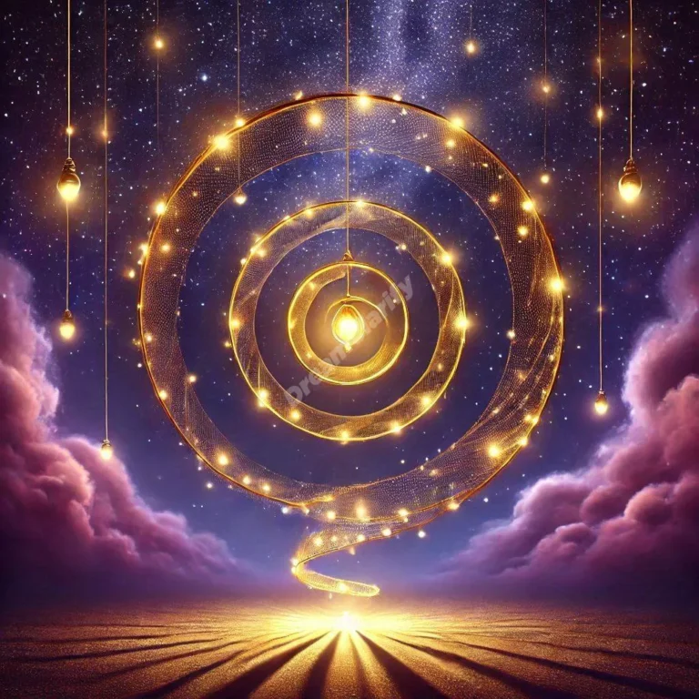 Mystical golden lariat spiraling through starlit purple sky, symbolizing dream interpretation and spiritual guidance.