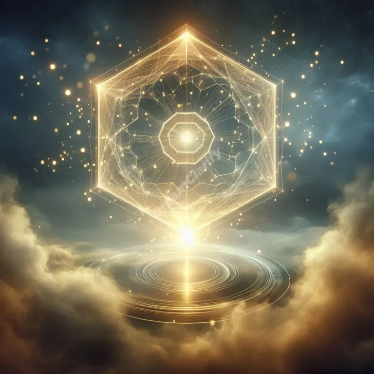Mystical golden octagon floating in dreamy twilight sky, emanating ethereal light and geometric patterns