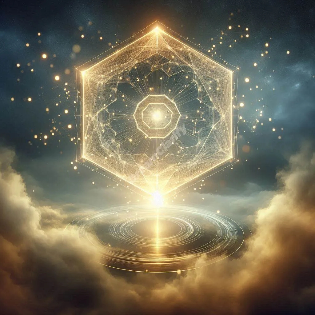 Mystical golden octagon floating in dreamy twilight sky, emanating ethereal light and geometric patterns