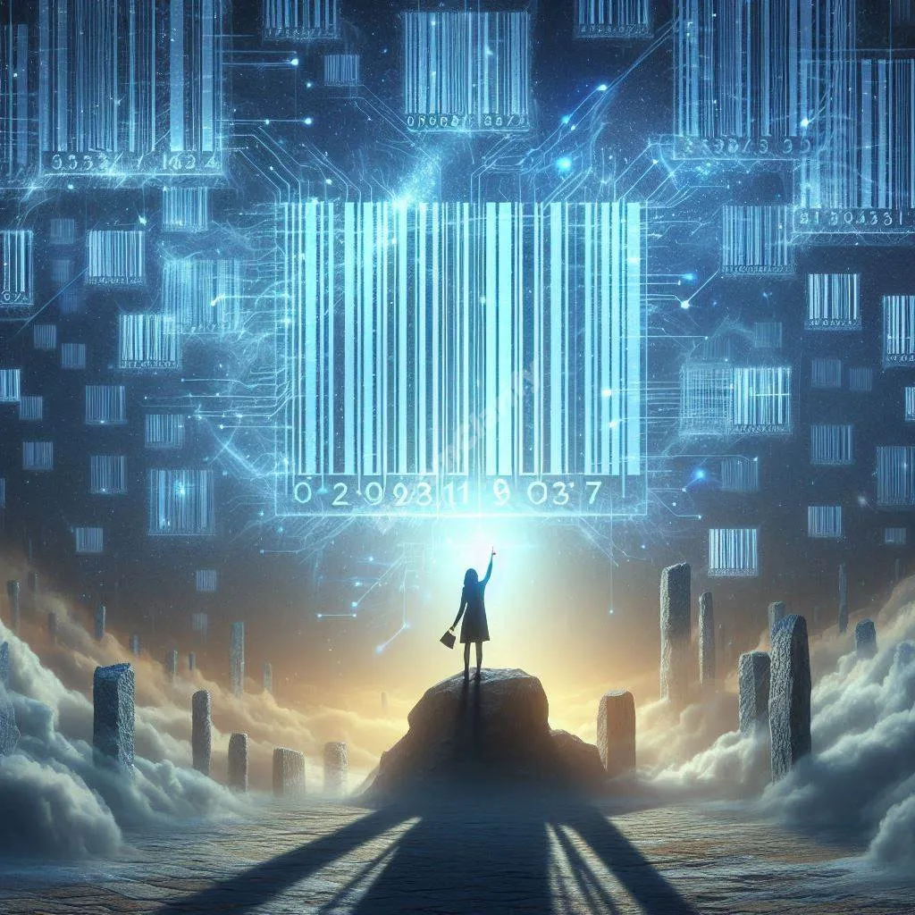 Ethereal barcode symbols floating in dreamy night sky above contemplative figure, representing modern dream interpretation.