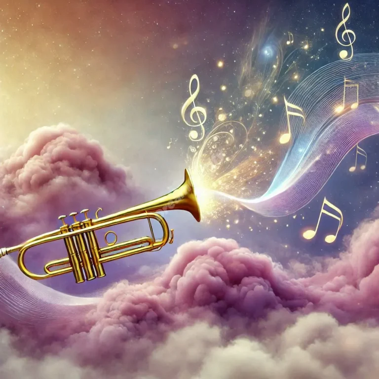 Ethereal fanfare dream scene with glowing golden trumpets and floating musical notes symbolizing celebration