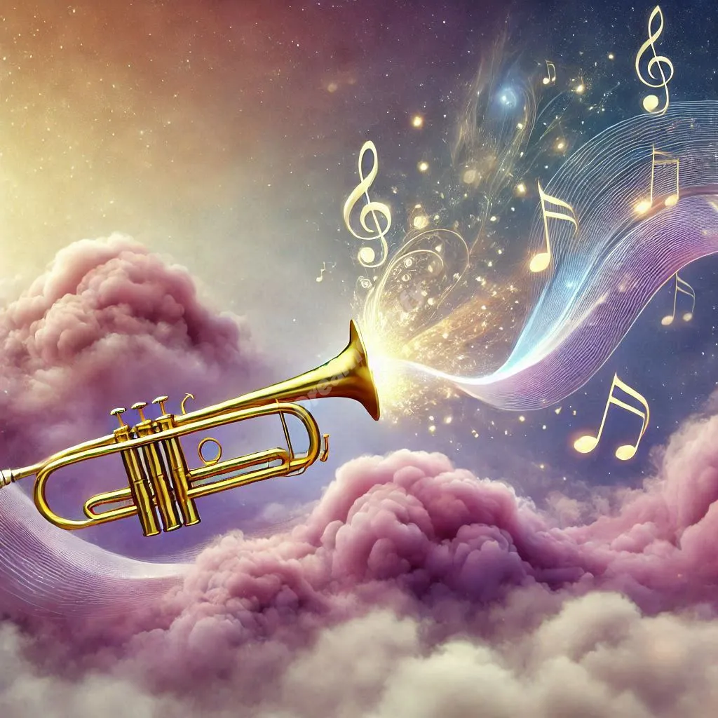 Ethereal fanfare dream scene with glowing golden trumpets and floating musical notes symbolizing celebration