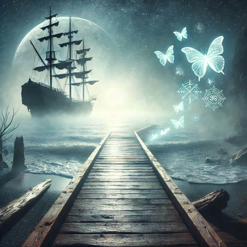 Mystical gangplank bridging shore to dream ship under moonlight, symbolizing life's transitions