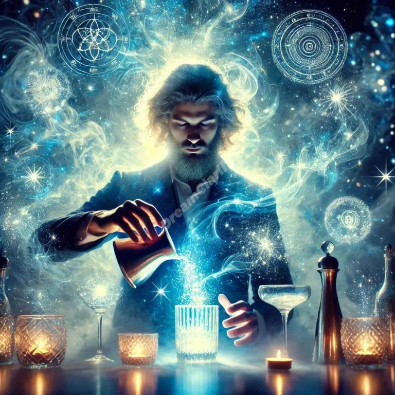 Mystical bartender pouring starlight drinks, symbolizing dream guidance and spiritual wisdom.