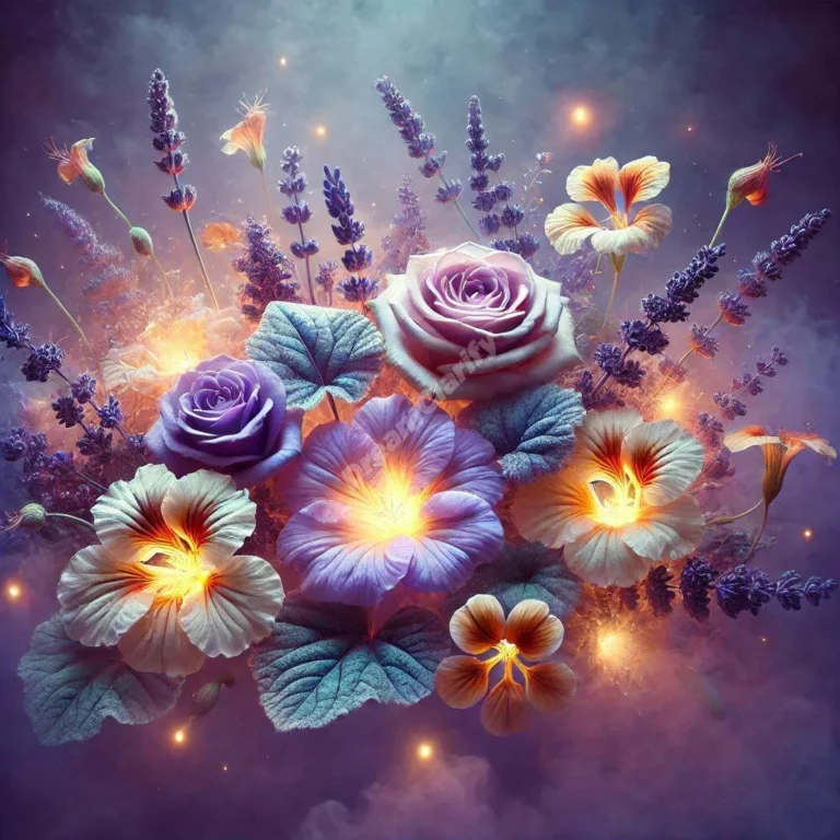Ethereal edible flowers glowing in dreamy purple mist, symbolizing spiritual dream messages and growth