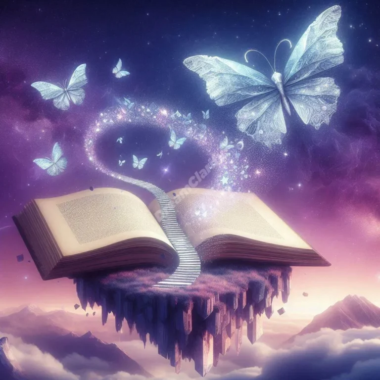 Surreal dreamscape features floating book-island with luminous spiral staircase and glowing paper butterflies.