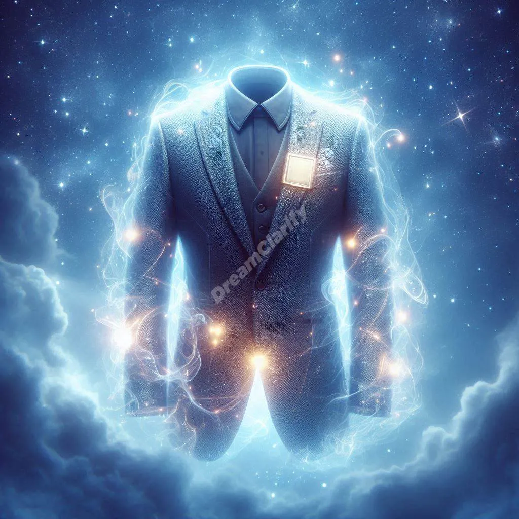 Ethereal suit jacket with illuminated lapels floating in dreamy starlit atmosphere, symbolizing dream interpretation.