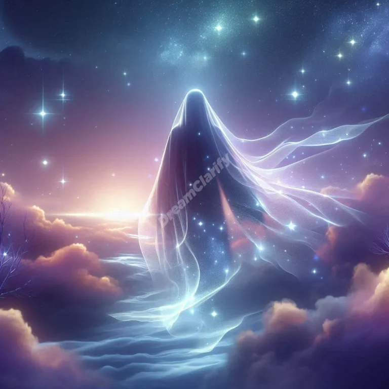 Ethereal cape floating in dreamy starlit sky, symbolizing transformation and spiritual journey.
