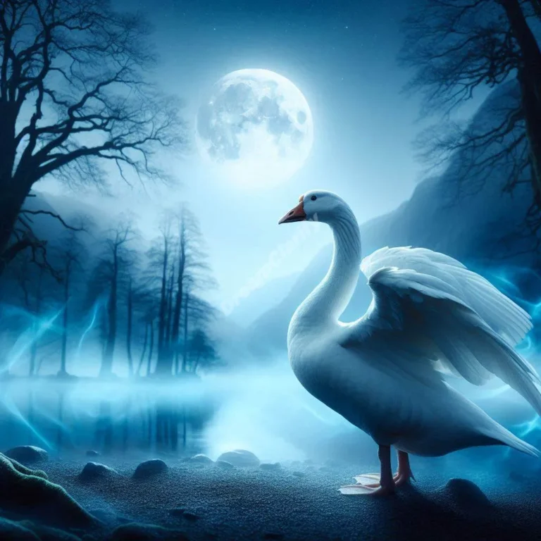 Protective white gander beside mystical lake symbolizes spiritual guidance and dream interpretation symbolism.