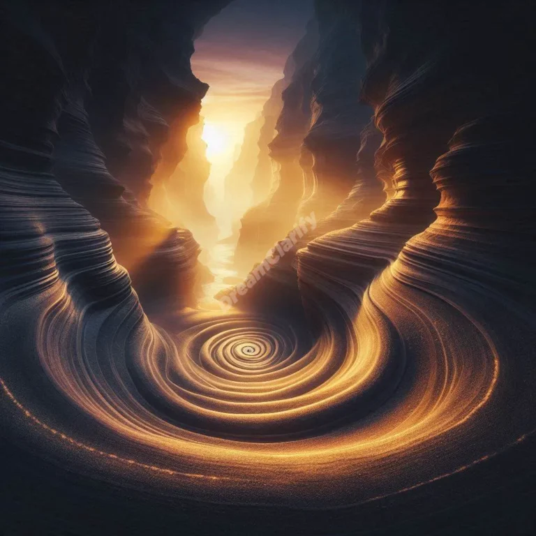 Mystical canyon dreamscape with spiraling path symbolizing spiritual journey through golden light.