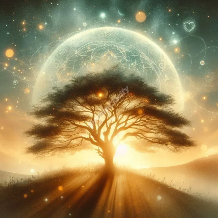 Mystical acacia tree dream interpretation: spiritual symbolism with golden light and ethereal elements