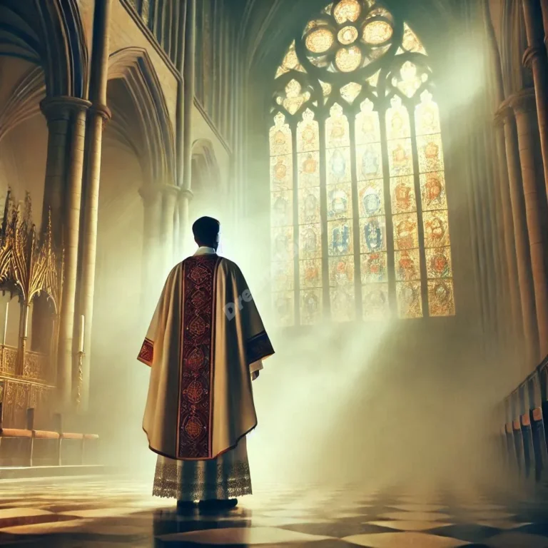 Ethereal deacon figure in dreamlike cathedral interior, illuminated by golden spiritual light.