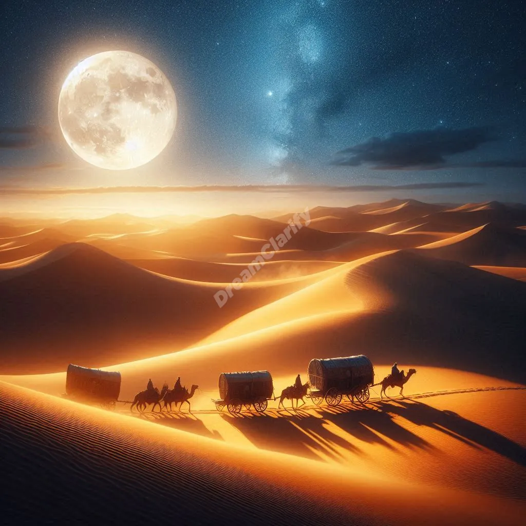 Mystical caravan crossing moonlit desert dunes, symbolizing dream journeys and spiritual guidance.