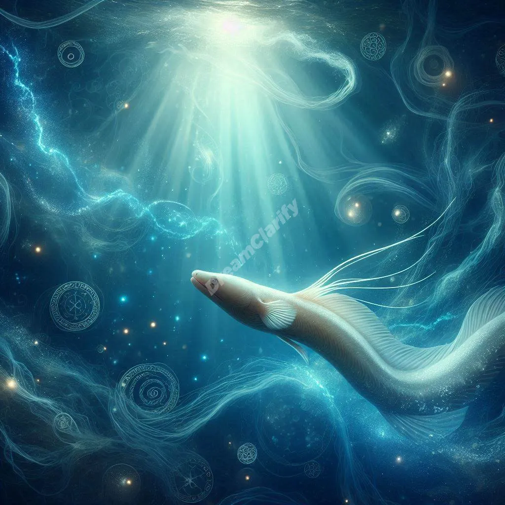 Mystical eel swimming through dreamy underwater scene with spiritual symbols and light rays.
