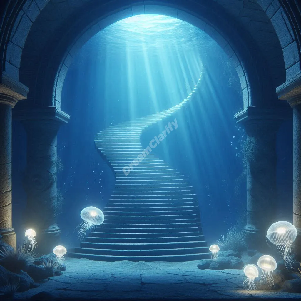 Mystical underwater staircase descending into dream depths, illuminated by ethereal light rays
