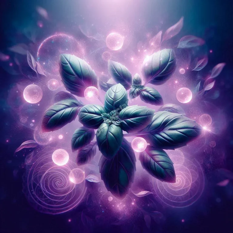 Ethereal basil leaves floating in mystical purple light, symbolizing spiritual dream interpretations and guidance.