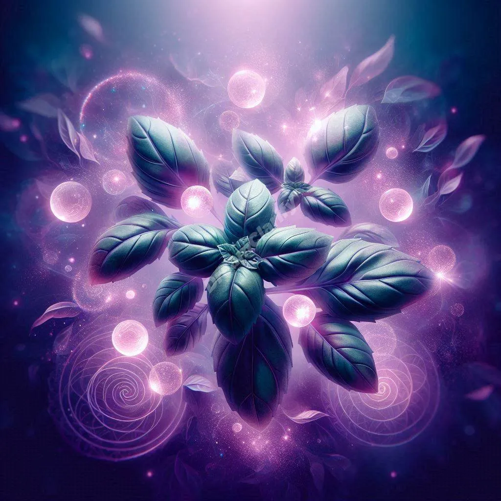 Ethereal basil leaves floating in mystical purple light, symbolizing spiritual dream interpretations and guidance.