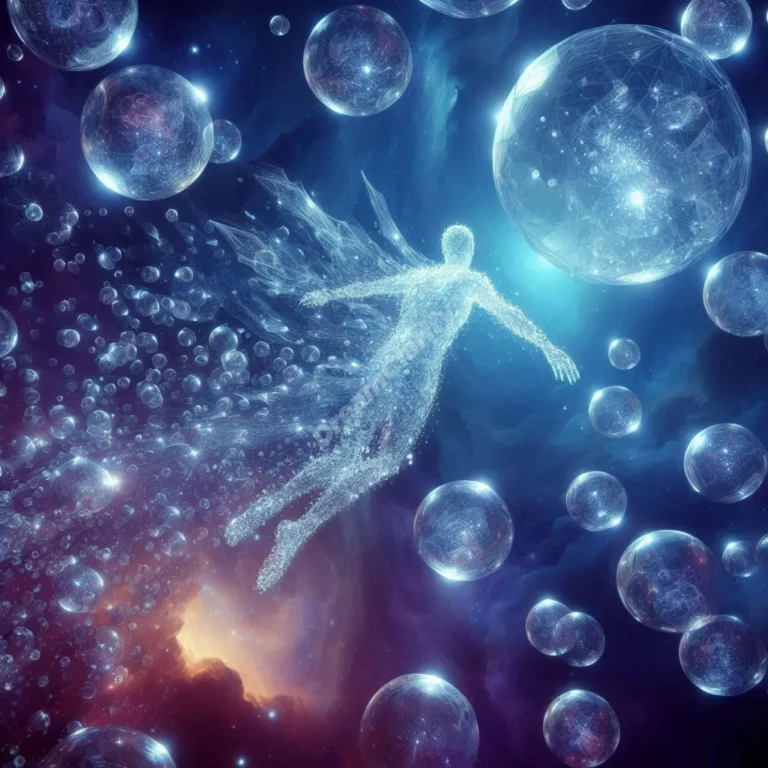 Dream figure moving through shattering crystal spheres, representing peaceful transformation through impact dreams.