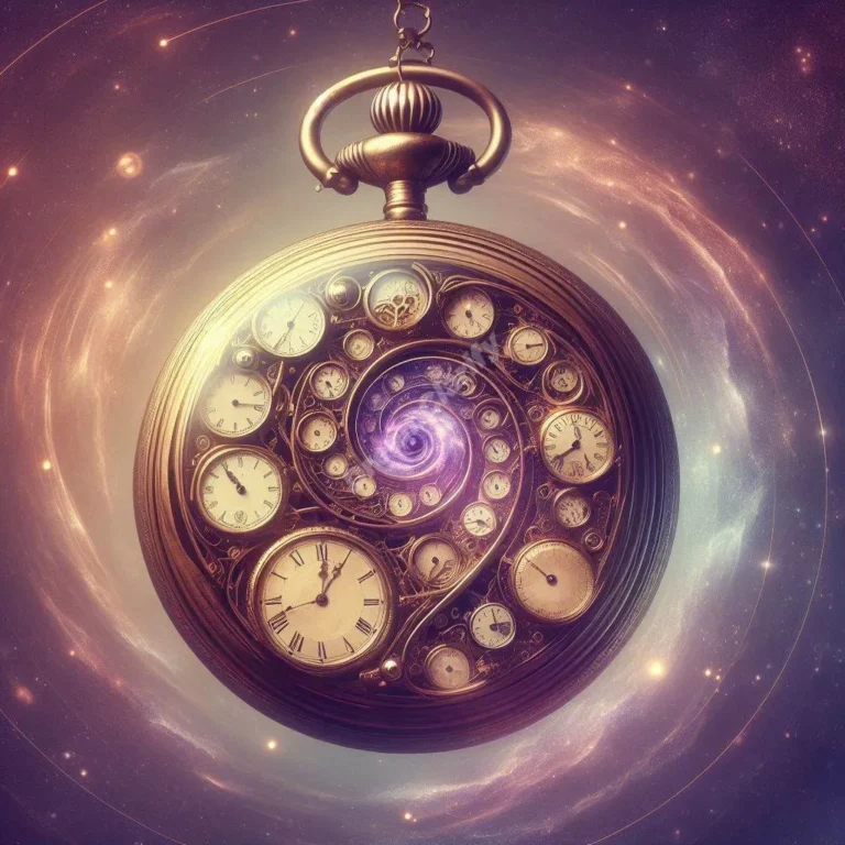 Surreal floating pocket watch with spiraling time periods, representing dreams about decades and time travel.