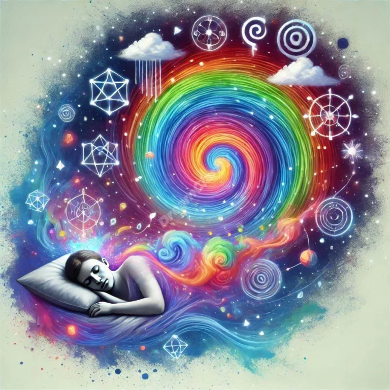 Dreaming person surrounded by spiral of vivid accent colors and floating symbolic objects