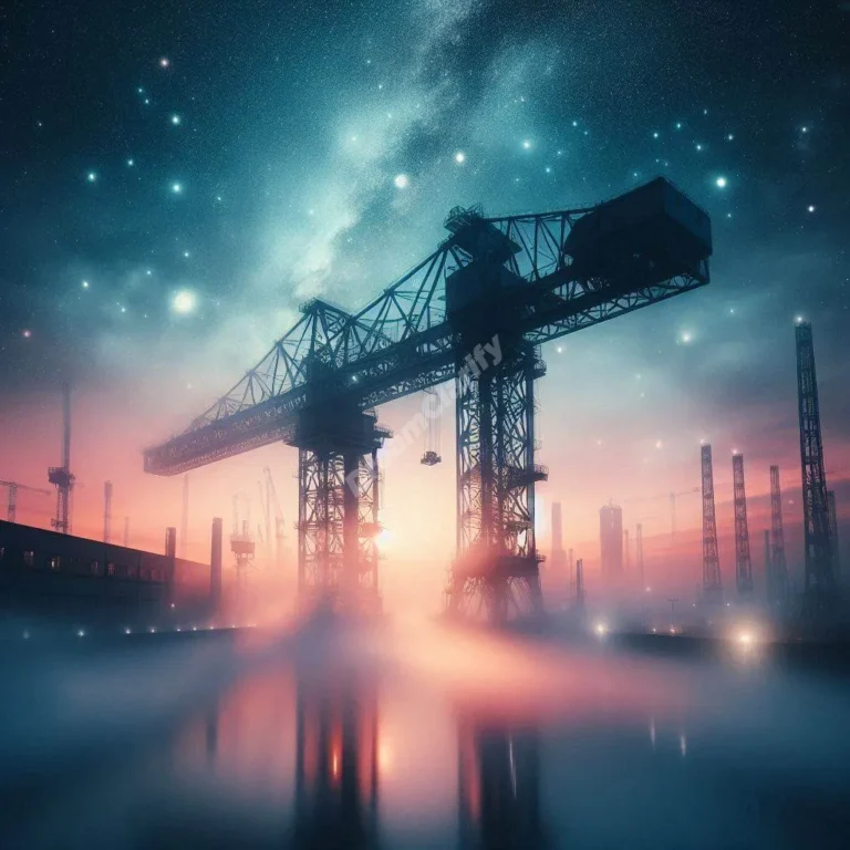 Mystical industrial gantry crane bridges earth and sky in dreamy twilight atmosphere, representing spiritual growth.